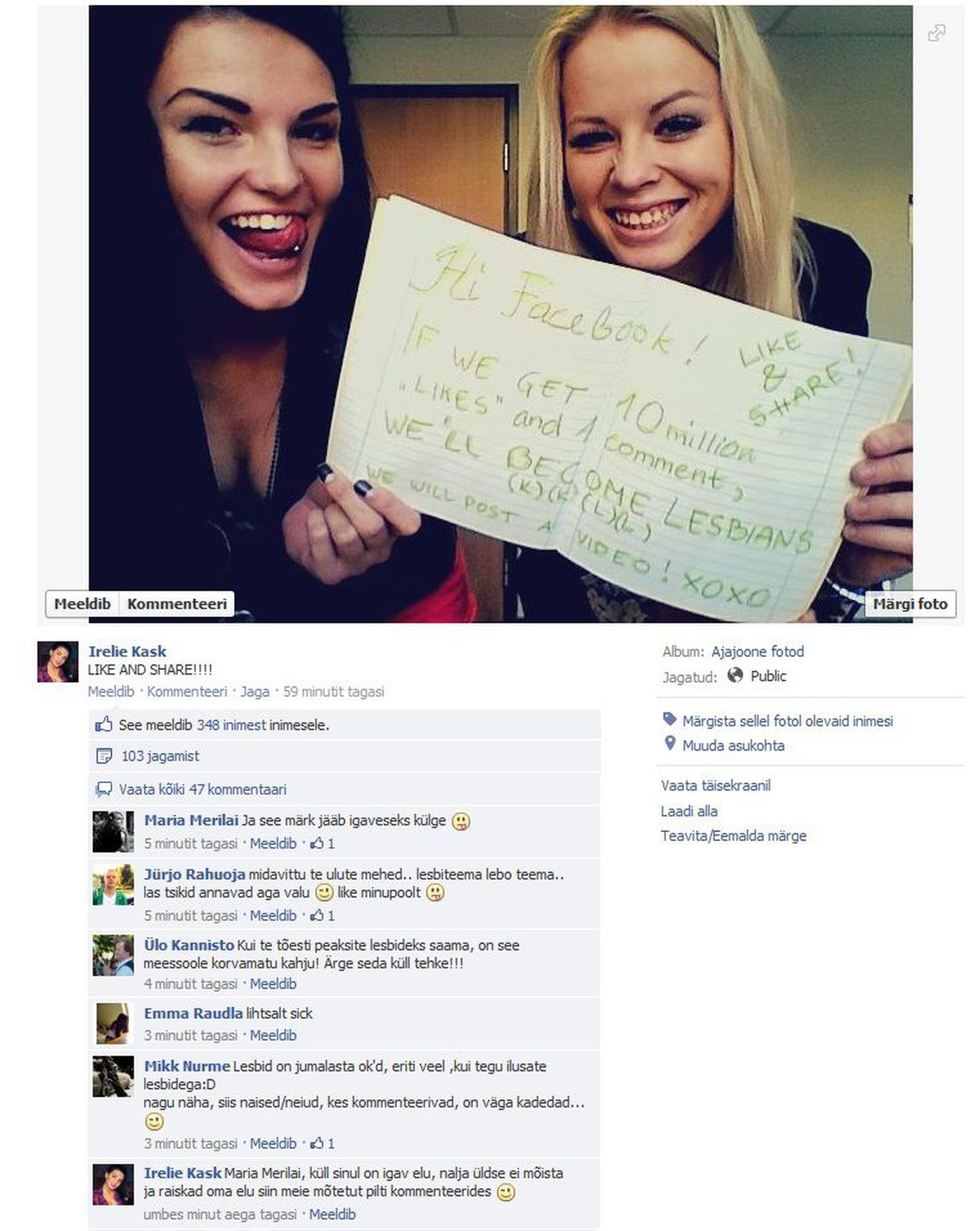 Kaks tüdrukut reklaamivad Facebookis, et kui nende postituse all täitub 10 miljon laiki, hakkavad nad lesbideks.