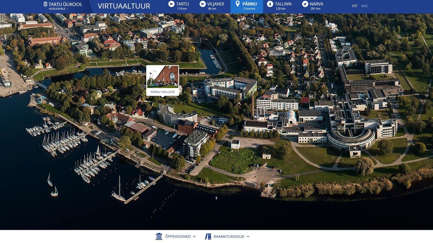 Virtuaaltuuril Pärnule klikkides on näha Tartu ülikooli Pärnu kolledži asukoht Pärnu aerofotol, samuti linnakaardil, kus on võimalik näha kaugust teistest Pärnu huvipunktidest ning vaadata fotosid kolledžist.