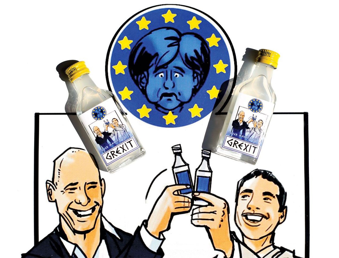 Лимонная водка Grexit выглядит артефактом из альтернативной реальности. В нашем мире Греция не вышла из еврозоны, а канцлер Германии (наверху) победила греков в лице премьера Ципраса (справа) и экс-министра экономики Варуфакиса.