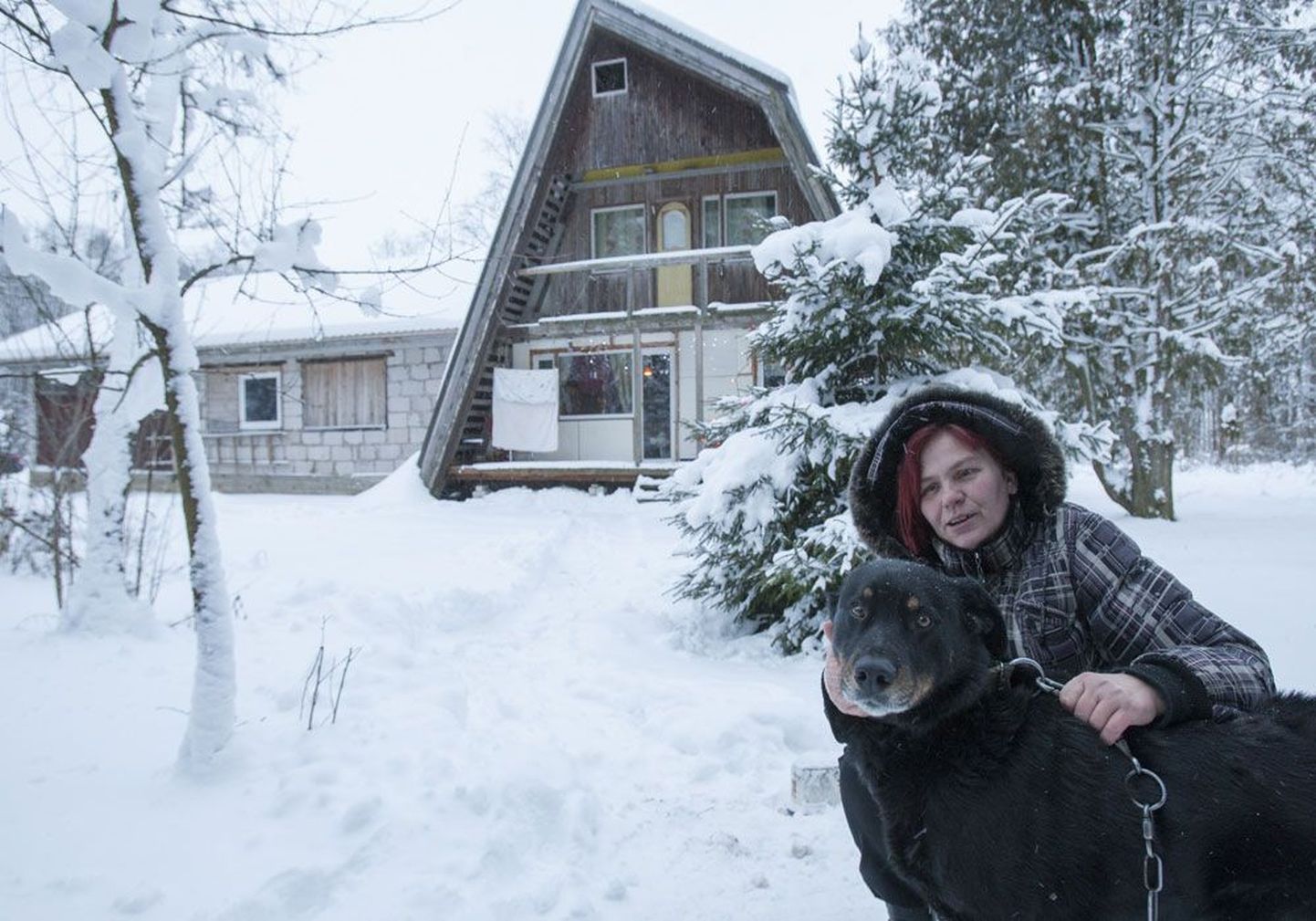 Ангела Лыбу вместе с взятой из приюта собакой перед домом в волости Хальяла в Ляэне-Вирумаа, на покупку которого многодетная семья взяла в 2008 году жилищный кредит в Swedbank.