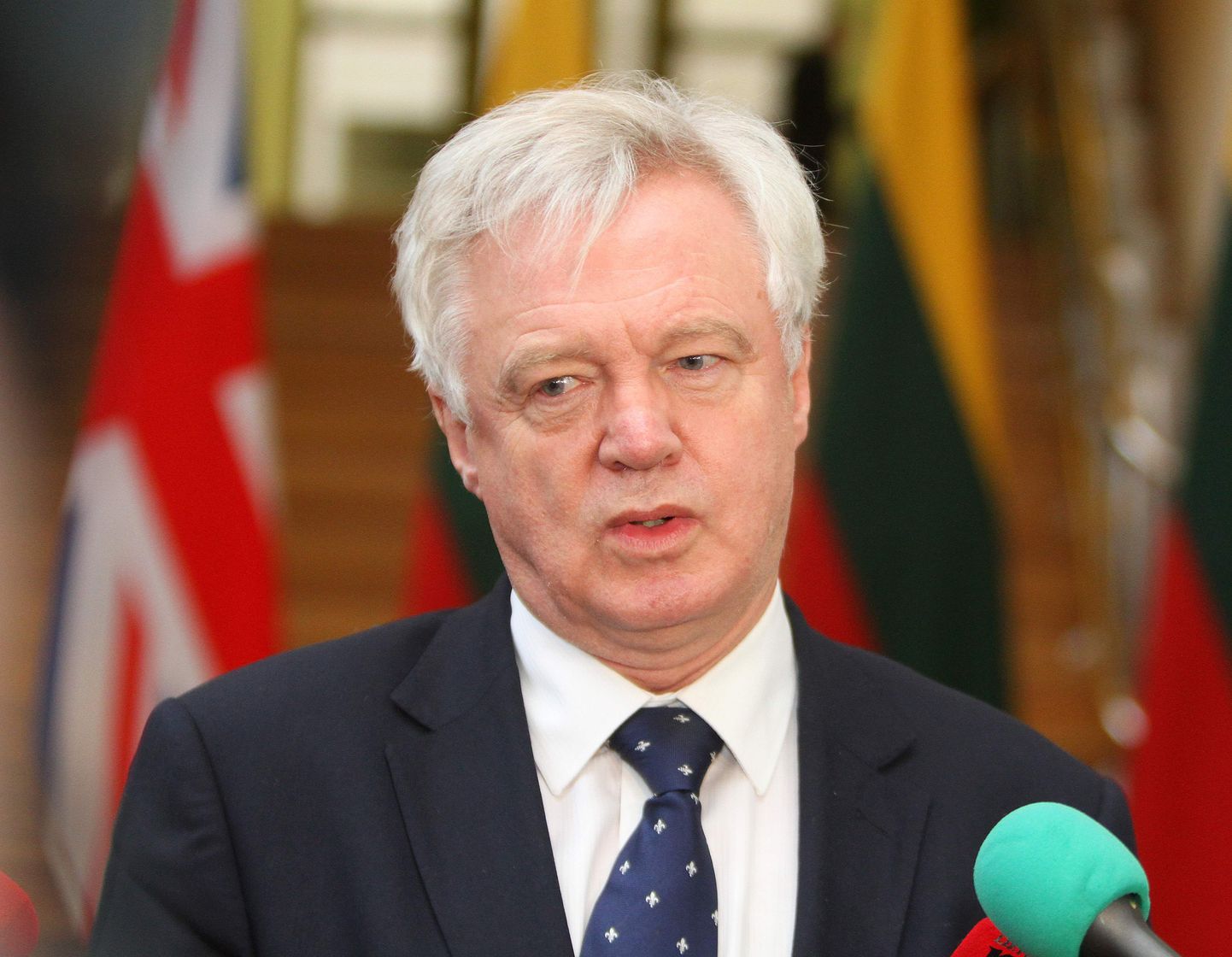 British Secretary of State for Exiting the European Union (Brexit Minister) David Davis is pictured during a press conference after a meeting with Lithuanian Prime Minister in Vilnius on February 21, 2017. / AFP PHOTO / Petras Malukas