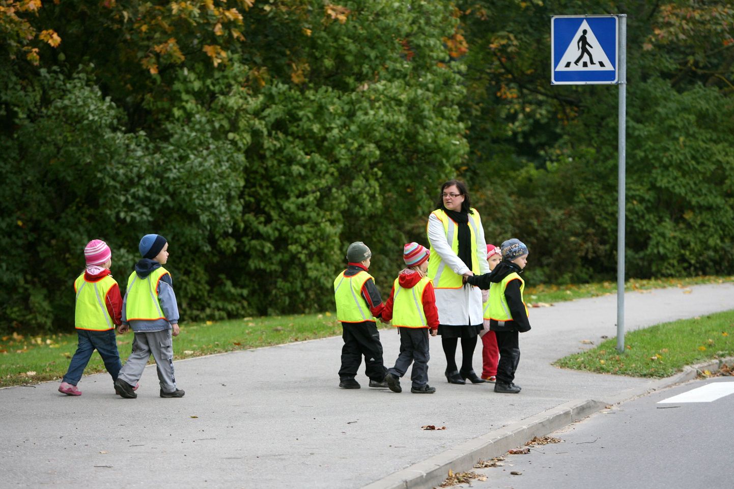 Lasteaednike liidu hinnangul võiksid lasteaiaõpetajad saada sama pika puhkuse kui kooliõpetajad. Fotol on Tartu Veeriku lasteaia lapsed teed ületamas.