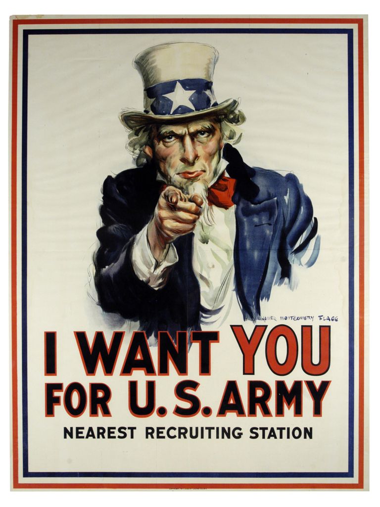 Ikooniline poster, millel Uncle Sam kutsub ameeriklasi Esimeses ja Teises Maailmasõjas osalema.