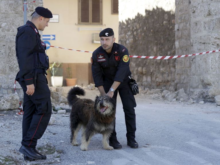 Itaalia võimud Norcia rusude vahelt päästetud koeraga. Fotod: Scanpix