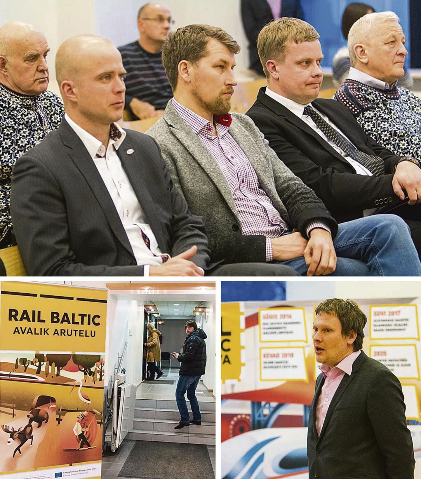 POLi juhatuse esimees Lauri Luur, riigikogulane Andres Metsoja ja Pärnu maavanem Kalev Kaljuste (vasakult paremale) kuulasid Märt Treieri (all paremal) juhitud arutelu.