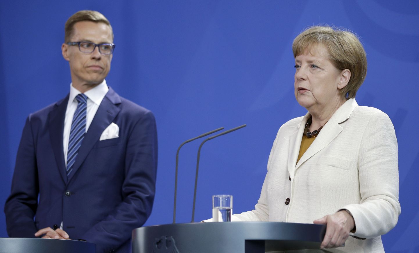 Soome peaminister Alexander Stubb ja Saksa kantsler Angela Merkel tänasel pressikonverentsil.