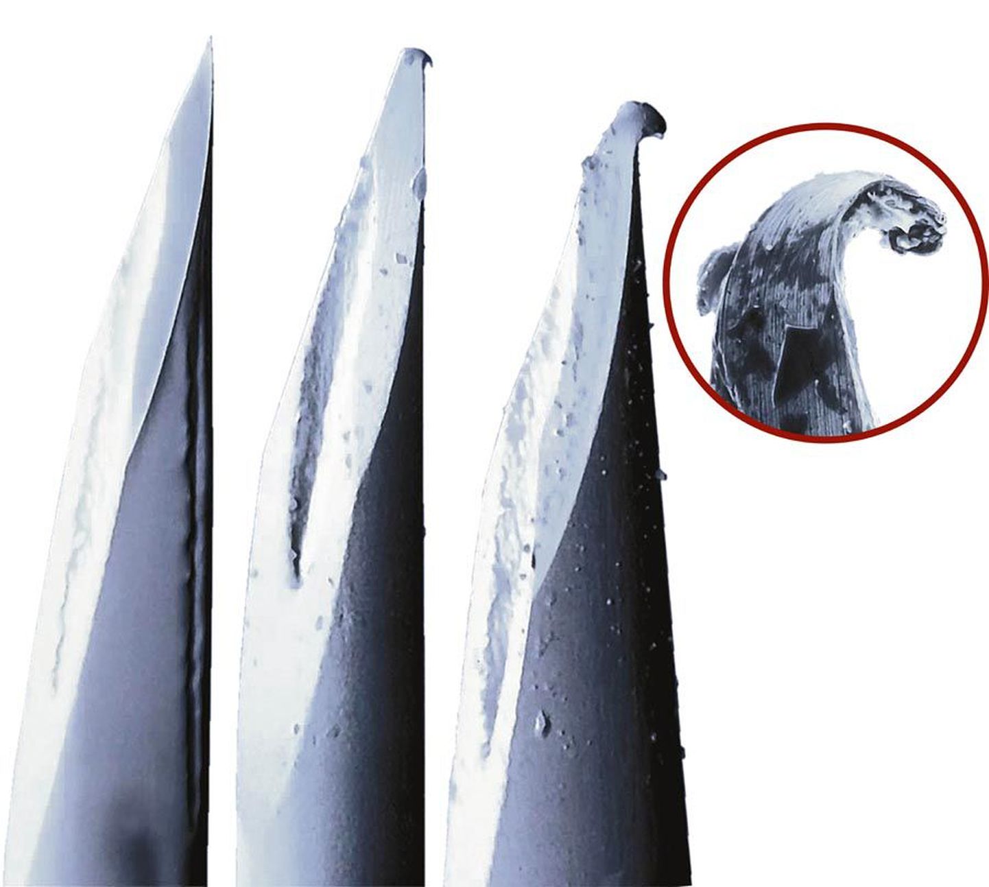 Fotosuurendus uuest (vasakult) ning üks ja kaks korda kasutatud süstlanõelast. Viimasel, eriti tugeva suurendusega pildil on näha kuus korda kasutatud süstlanõela ots.