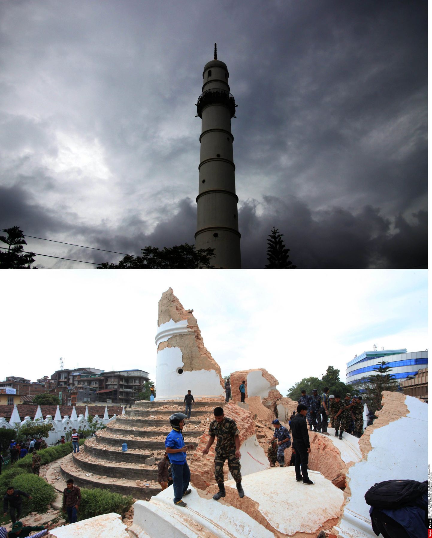 Dharahara torn enne ja pärast maavärinat.