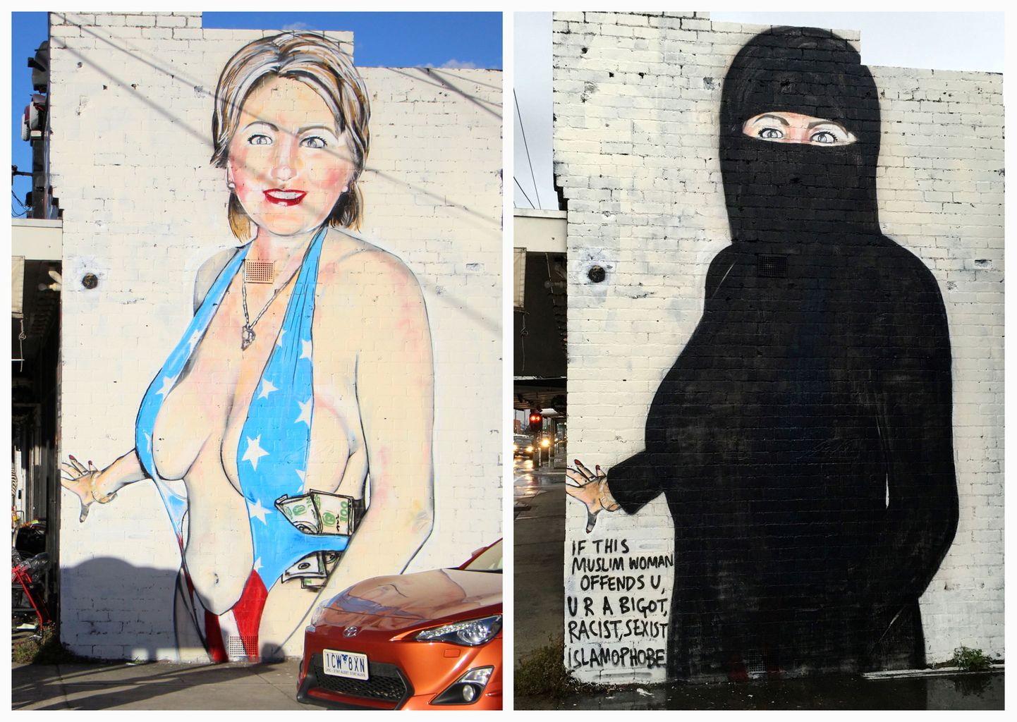 Hillary Clintonit kujutav seinamaaling enne ja pärast.