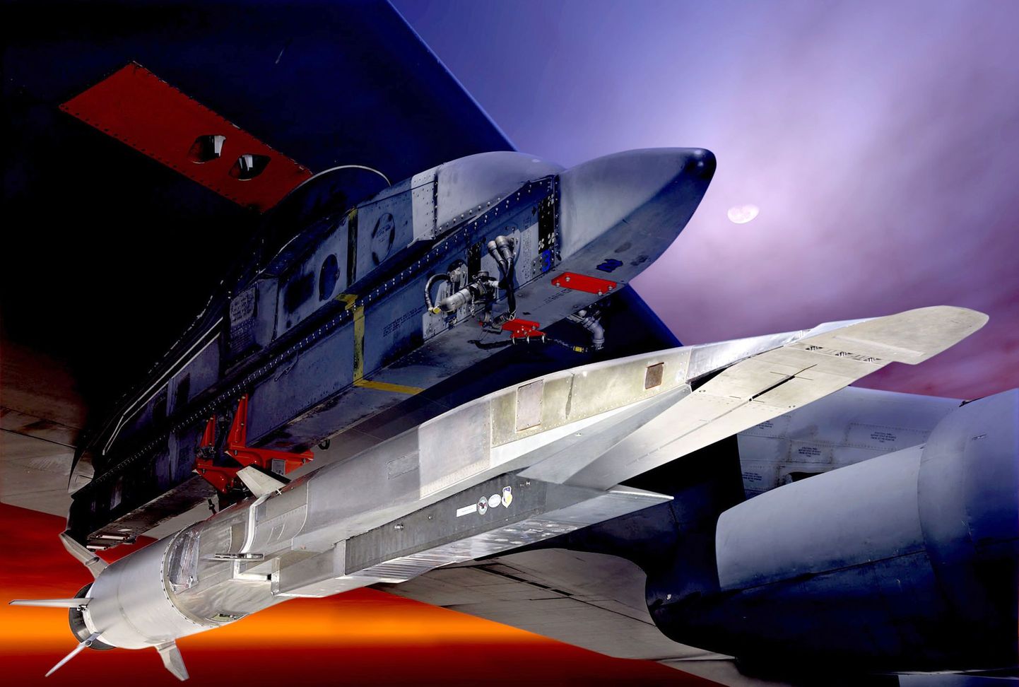 Ракета X-51A Waverider (белый корпус), закрепленная под крылом бомбардировщика В-52.