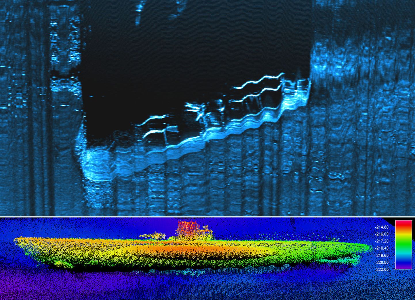 USA riikliku ookeani- ja atmosfääriuuringute (NOAA) ameti avalikustatud fotol on näha USA kaubalaev Bluefields (ülemine) ja allveelaev U-576.