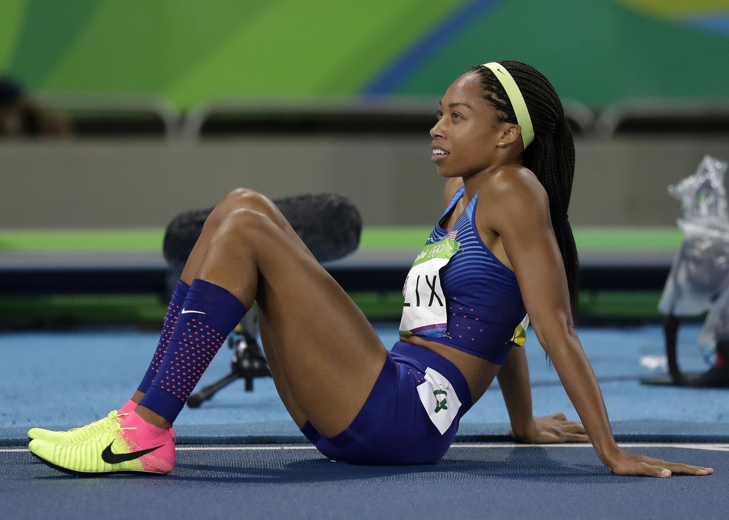 Silver medal winner, United States' Allyson Felix after the women's 400-meter final, during the athletics competitions of the 2016 Summer Olympics at the Olympic stadium in Rio de Janeiro, Brazil, Monday, Aug. 15, 2016. (AP Photo/Matt Dunham)