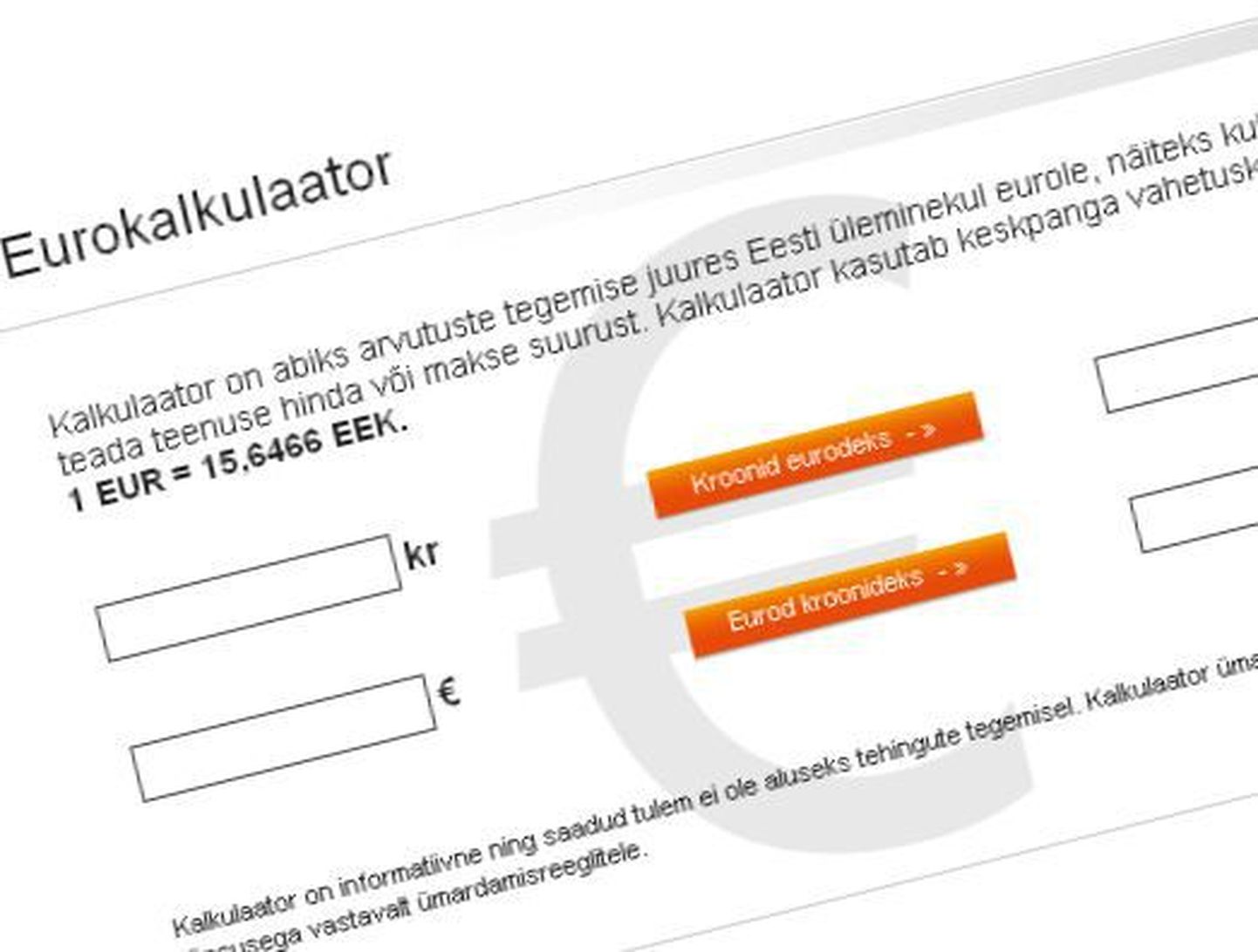 Fragment Swedbanki elektroonilise eurokalkulaatori lehelt.
