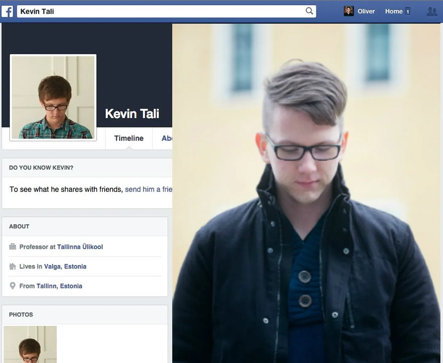 Facebook keeldus esimesel korral Kevin Tali libakontot kustutamast, sest ei tuvastanud, et profiilipildil on Oliver.
