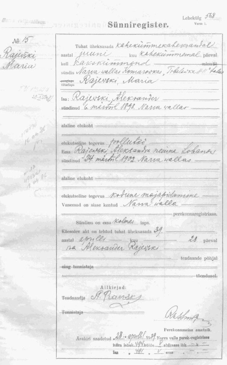 Aleksander ja Aleksandra Rajevski tütre Maria Rajevski sünniregistri kanne, kus on kinnitus, et ka Aleksander ja Aleksandra sündisid Narva vallas.