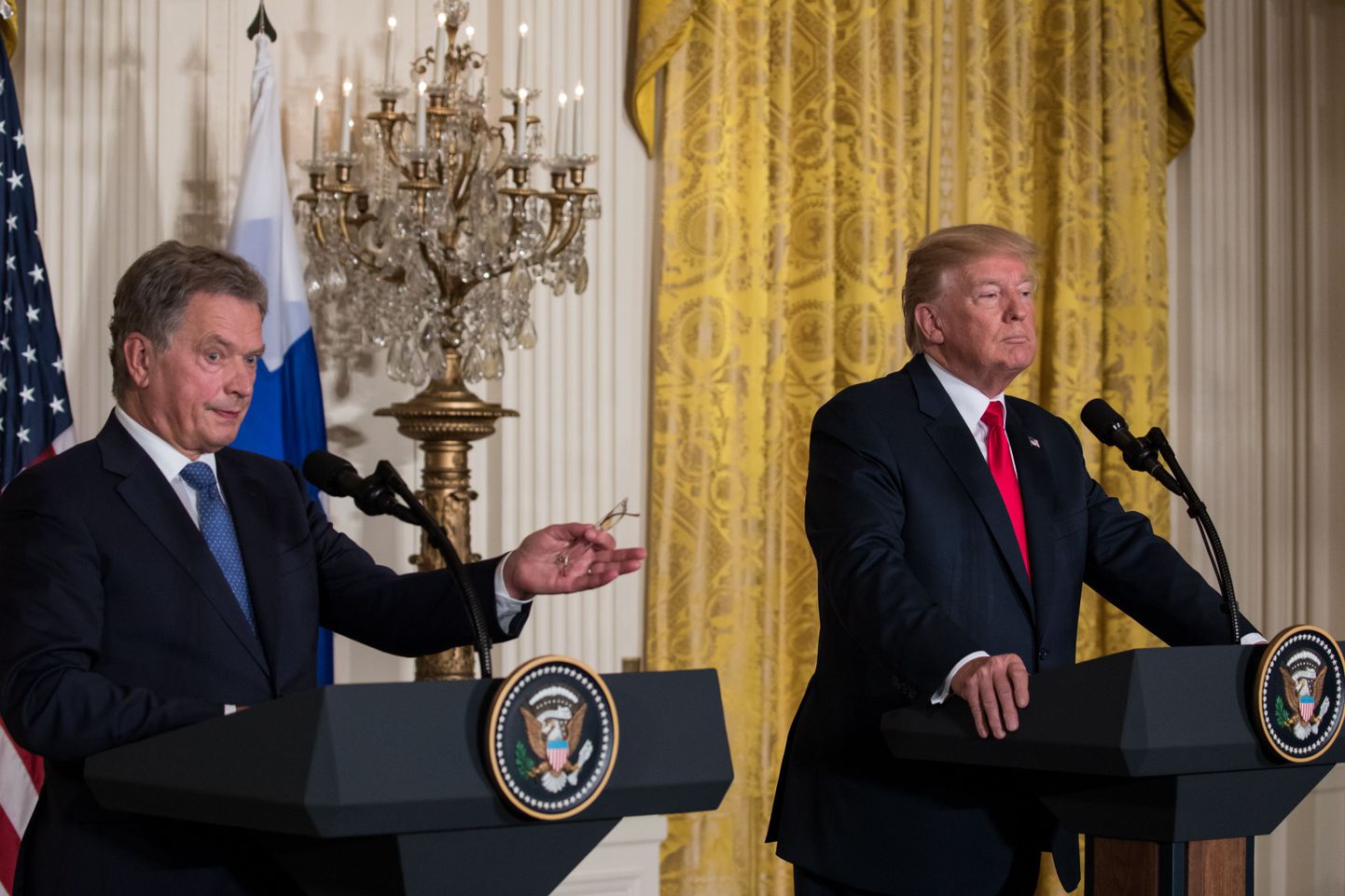 Soome president Sauli Niinistö (vasakul) ja USA riigipea Donald Trump esmaspäeval Valges Majas.