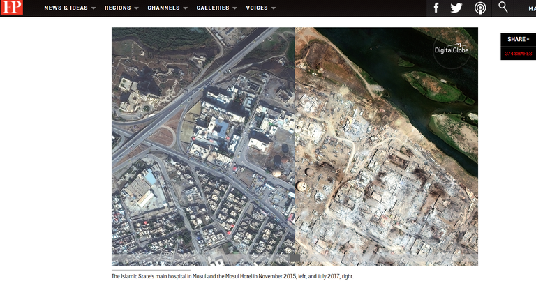 Vasakul satelliidipilt Mosulist 2015. aastal ja paremal 2017. aastal. Foto: