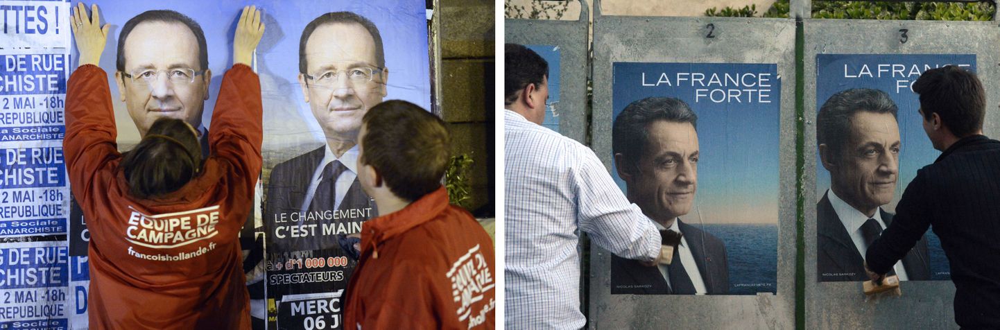 François Hollande'i ja Nicolas Sarkozy valimisplakatid Pariisis.