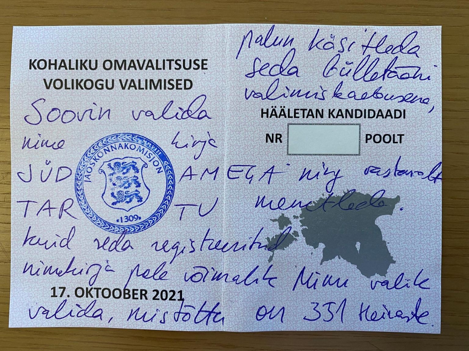 Kehtetu hääletussedel anonüümse valimiskaebusega. Seda paraku ei saa kindlalt väita, et pöördumise tegi kinnipidamiskohas viibiv Meelis Kaldalu.