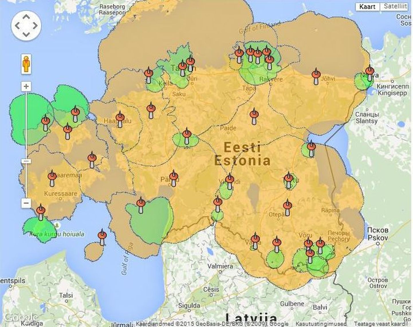 MUX 1 võrgu leviala, kus levivad Eestis vabalevikabalid.