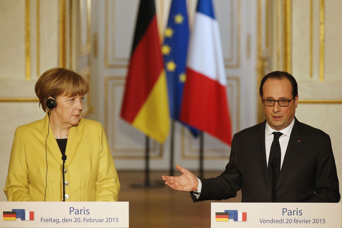 Saksa kantsleri Angela Merkeli ja Prantsuse presidendi François Hollande'i tänane pressikonverents Pariisis.