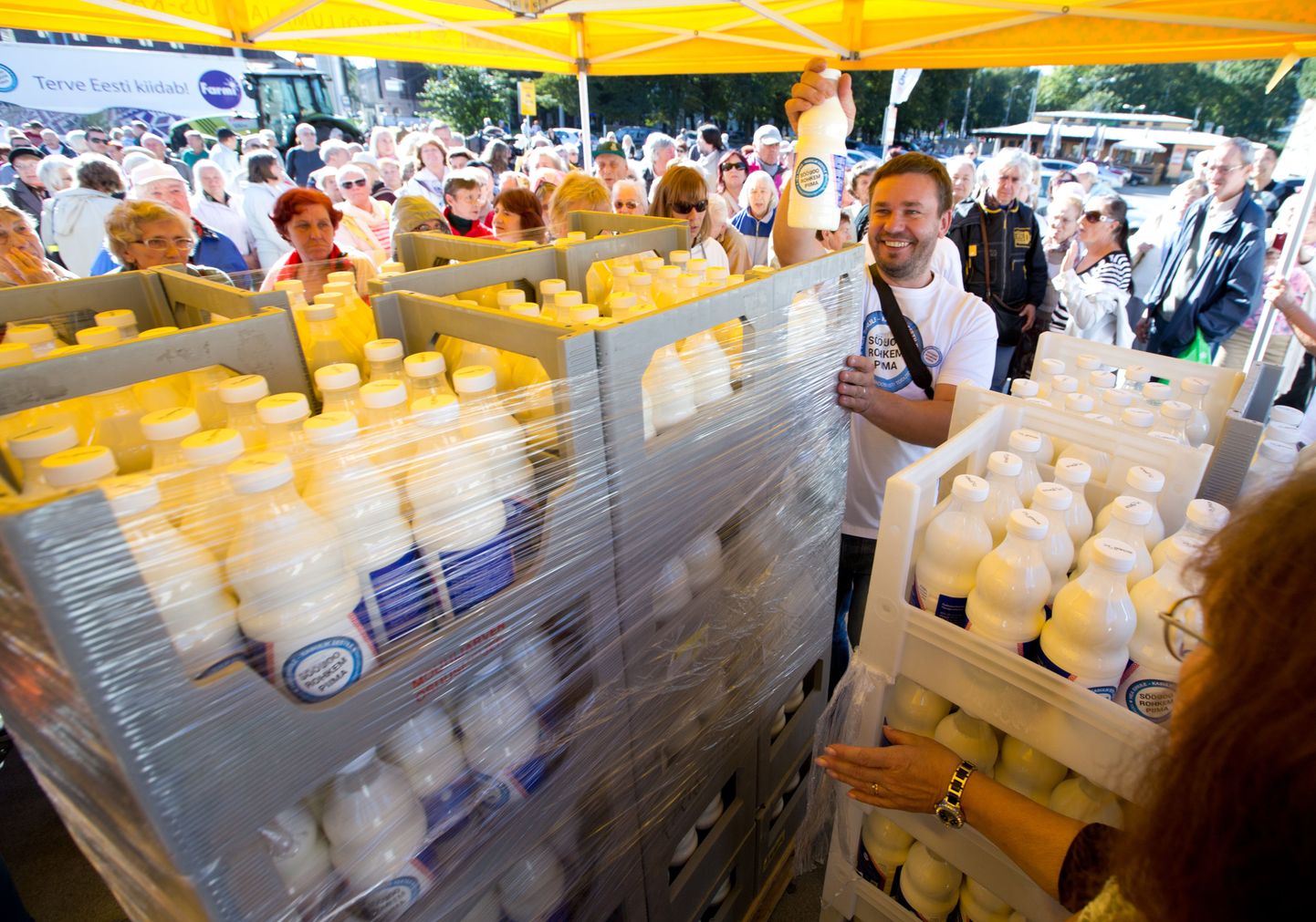Eesti põllumajandus-kaubanduskoda ja Eesti põllumeeste keskliit jagasid Tallinnas Vabaduse väljakul toimunud Piimapäeval tasuta piima.