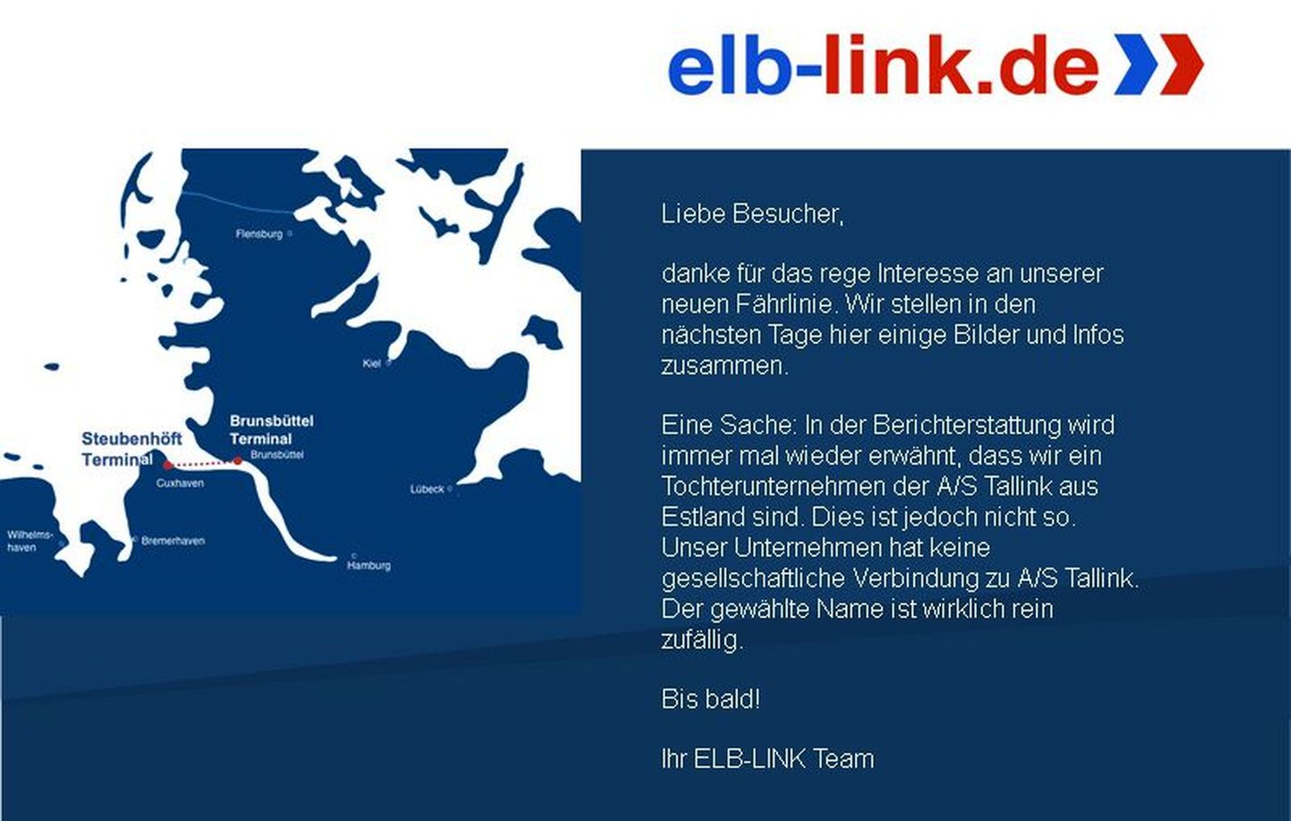 Elb-Link Reederei kodulehekülg, mis praegu ei jaga muud infot kui seda, et ettevõte pole Tallinkiga seotud.