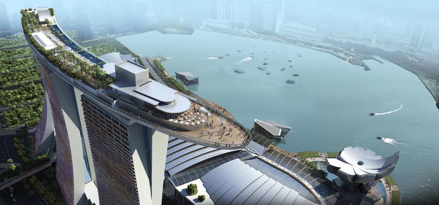 Üks Singapuri võimsamaid vaatamisväärsusi on Marina Bay Sands. See koosneb kolmest 57-korruselisest tornmajast, mille katusel Taevapargis asub 150-meetrine lahtine bassein.