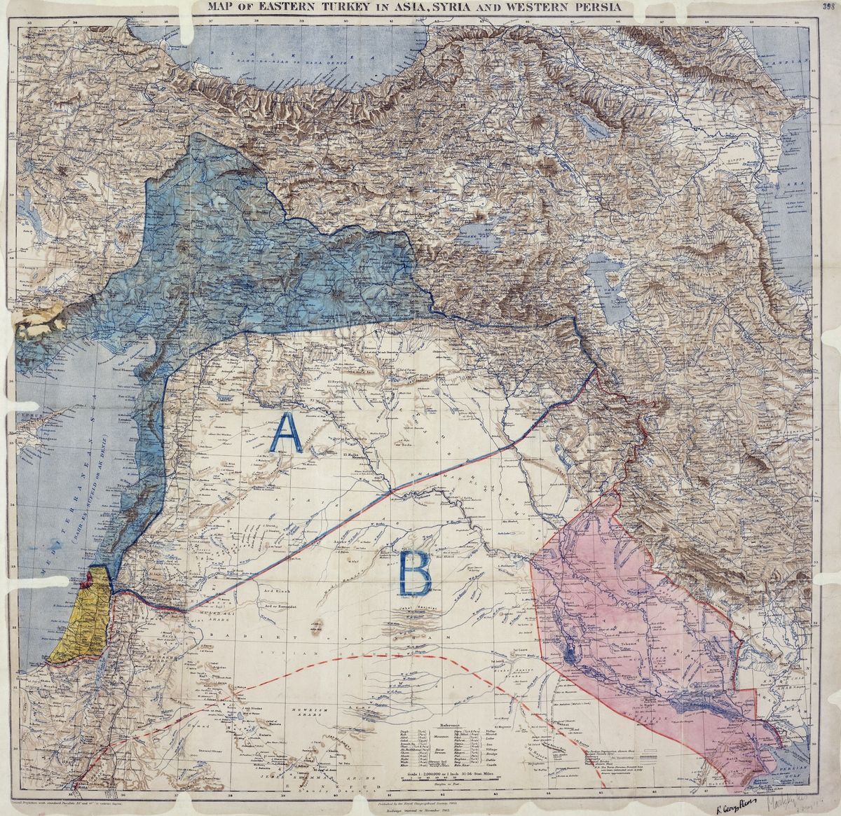 Kaart, millel on kujutatud Ida-Türgi Aasias, Süürias ja Lääne-Pärsias ning brittide ja prantslaste vahel kokku lepitud kontrolli- ja mõjualasid. Allkirjastanud Mark Sykes ja François Georges-Picot, 8. mai 1916.