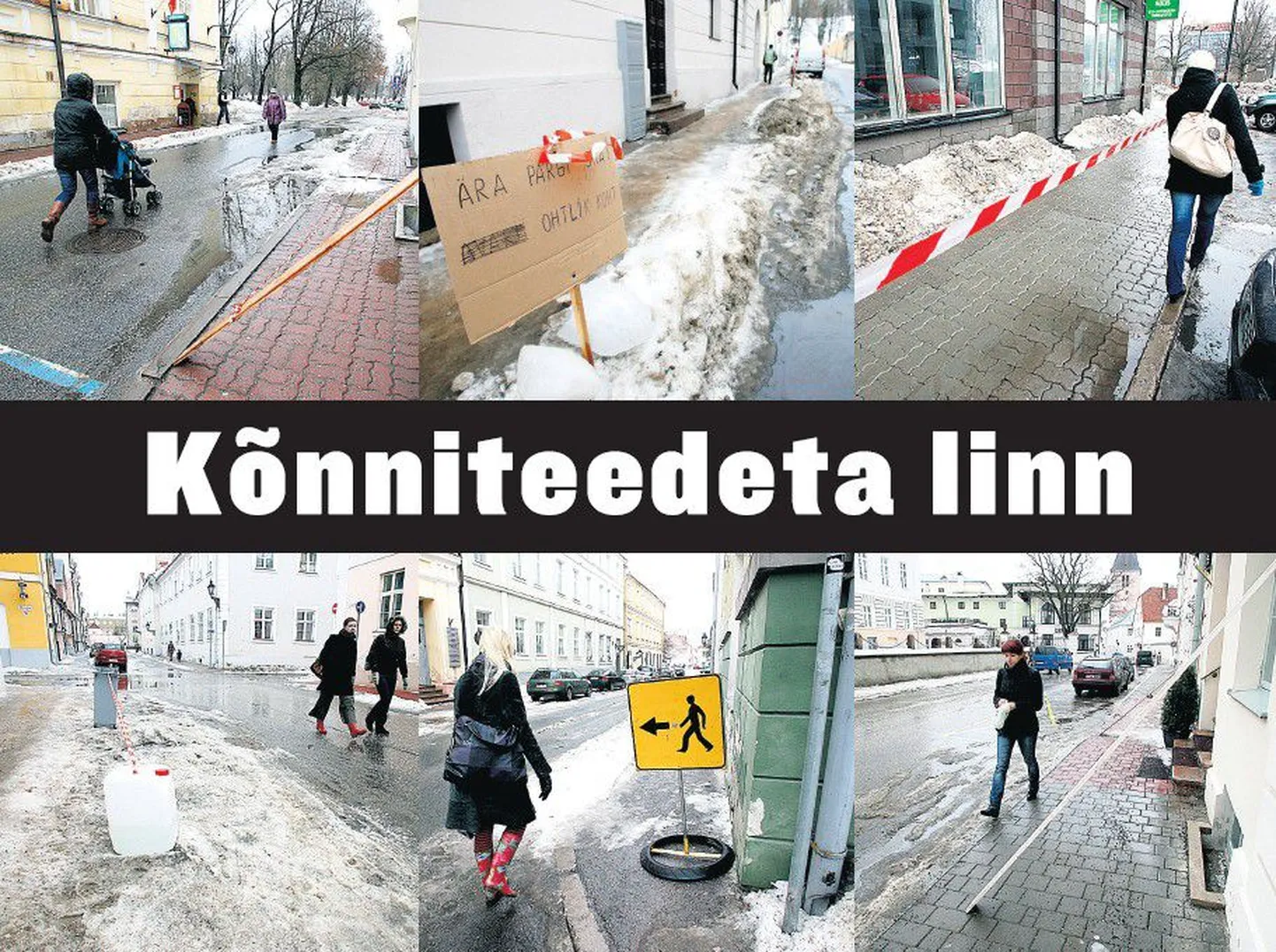 Katustelt varisev lumi peletab kõnniteelt sõiduteele.