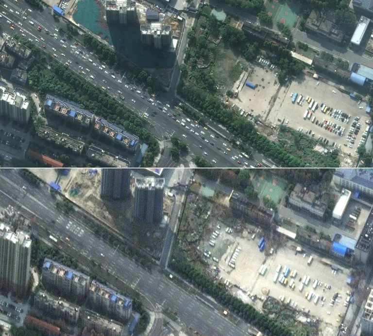 Kiirtee Wuhanis enne (ülemine pilt) ja pärast (alumine pilt) koroonaviiruse puhangut.