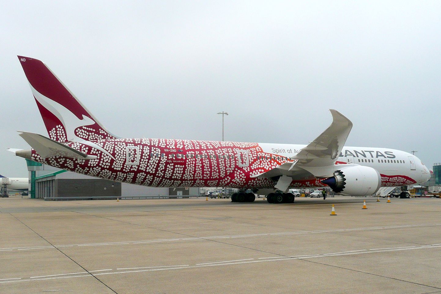 Spetsiaalses Yam Dreaming värvikuues Boeing 787, mida Qantas kasutanud ka Darwin-London liinil.