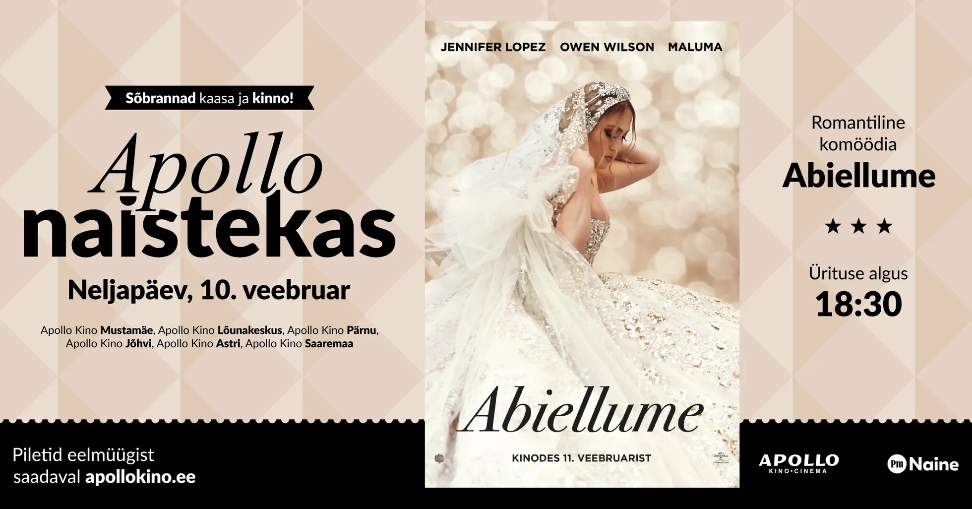Postimees Naine ja Apollo Kino esitlevad: Apollo Naistekas. 10.02 kell: 18.30. Romantiline komöödia «Abiellume»