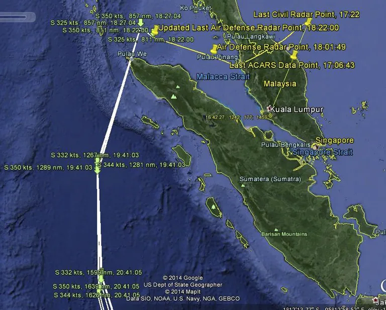 Kaart, millele on märgitud Malaysia Airlinesi lennuki Boeing 777 lennusuund