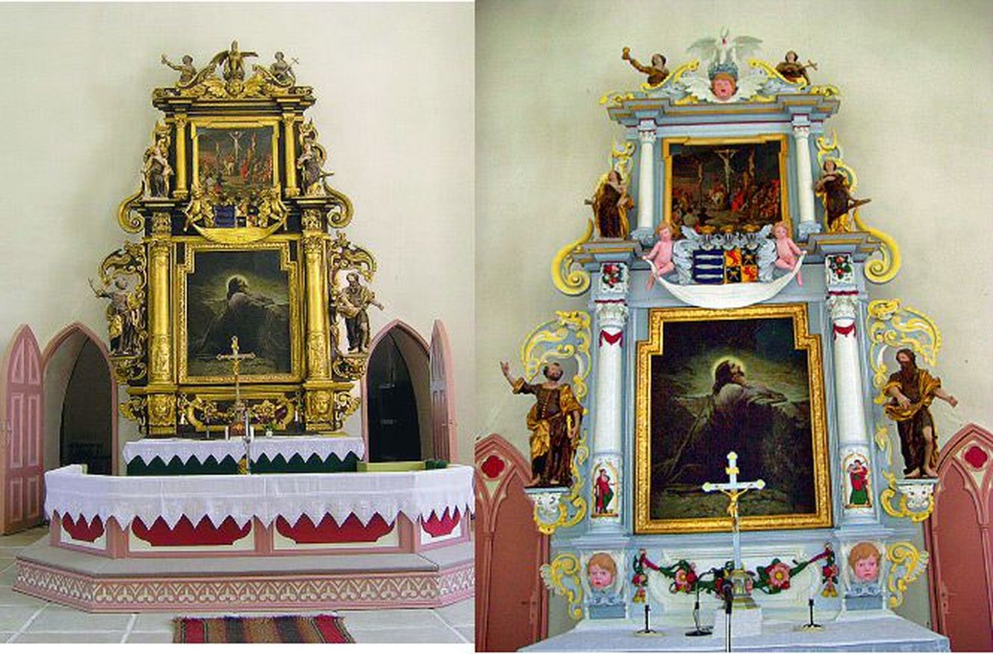 Mälestisena arvel 17. sajandist pärit Vigala altar enne (vasakul) ja pärast Sadolini värvidega ülevõõpamist.