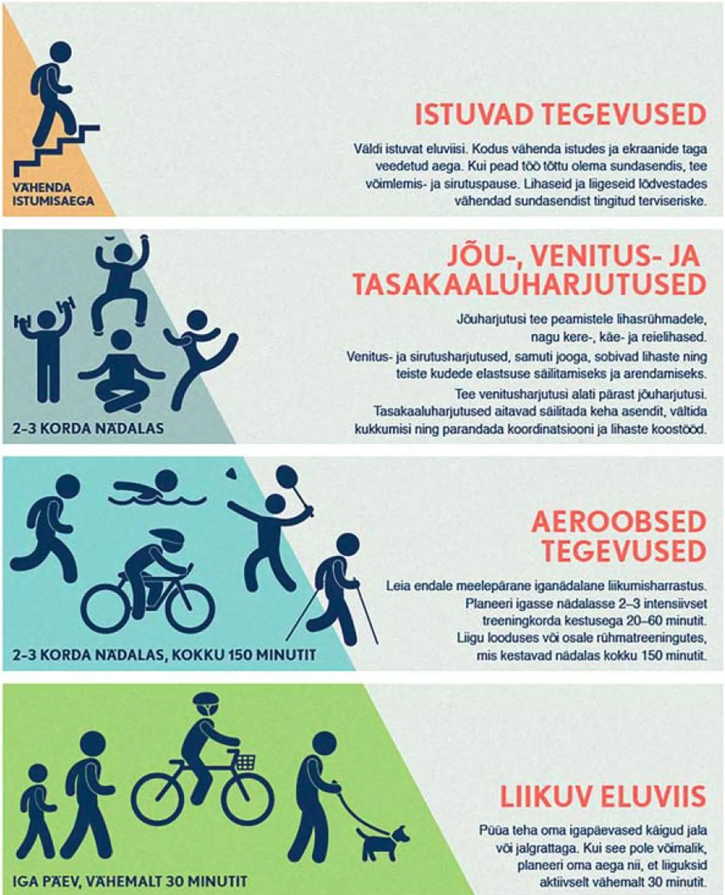 Et püsiksime terved, on lisaks tasakaalustatud toiduvalikule ülioluline end päeva jooksul piisavalt liigutada. Liikumispüramiid annab aimu mõistlikust proportsioonist liikumisel.
