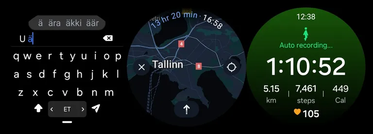 Veel ekraane: vasakul ekraaniklaviatuur telefoni tulnud sõnumitele kellast vastamiseks (sisaldab ka eesti nklaviatuuri), keskel automaatselt käivitunud jalutamise träkkimine, paremal Google Mapsi navigatsioon koos sihverplaadil näha oleva kaardiga. Kõik väga vajalikud funktsioonid igapäevaseks kasutamiseks.