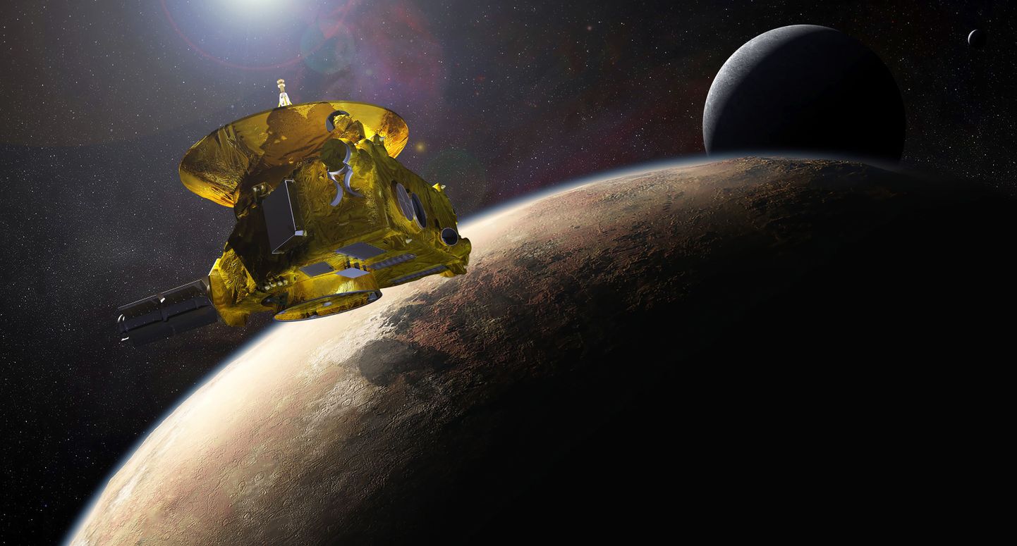 Kunstniku joonistus New Horizons sondist, Pluutost ja kuust Charonist