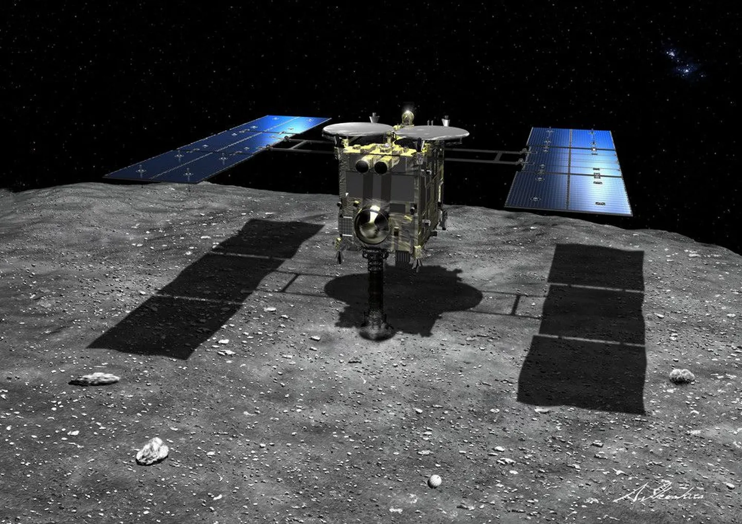 Nii käis Jaapani kosmoseaparaadiga Hayabusa 2 proovide võtmine  asteroidilt Ryugu. Nende proovide põhjal võivadki teadlased nüüd järeldada, et elu alged võisid Maale jõuda just selliste veerohkete meteoriitidega. Pilt on illustreeriv ja kunstniku loodud.