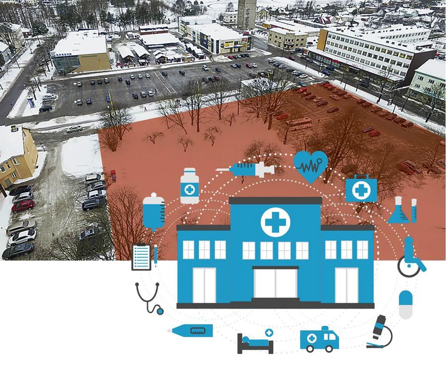 Aktiivravihaigla koos perearstikeskusega tahetakse püsti panna turu parkimisplatsi kõrvale (ala on märgitud pildil punasega). Mis suunda võiks hakata avanema hoone fassaad ning kuhu rajada lisaparkimiskohad, tuleb alles selgeks vaielda.
