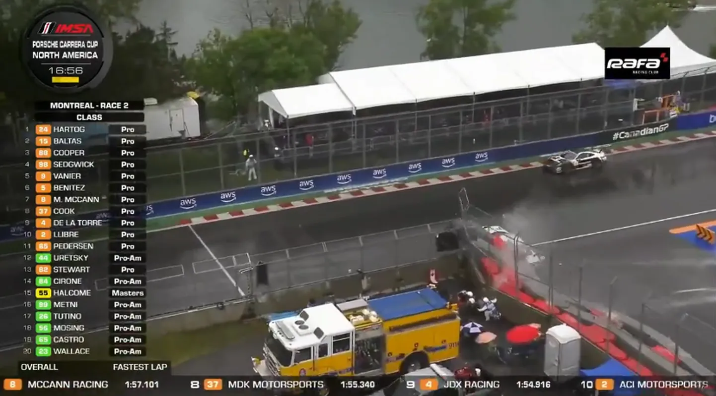 Colin Kaminsky kaotas võistlusel oma masina üle kontrolli ning sõitis tihedas vihmasajus oma Porschega kõvasti vastu seina.