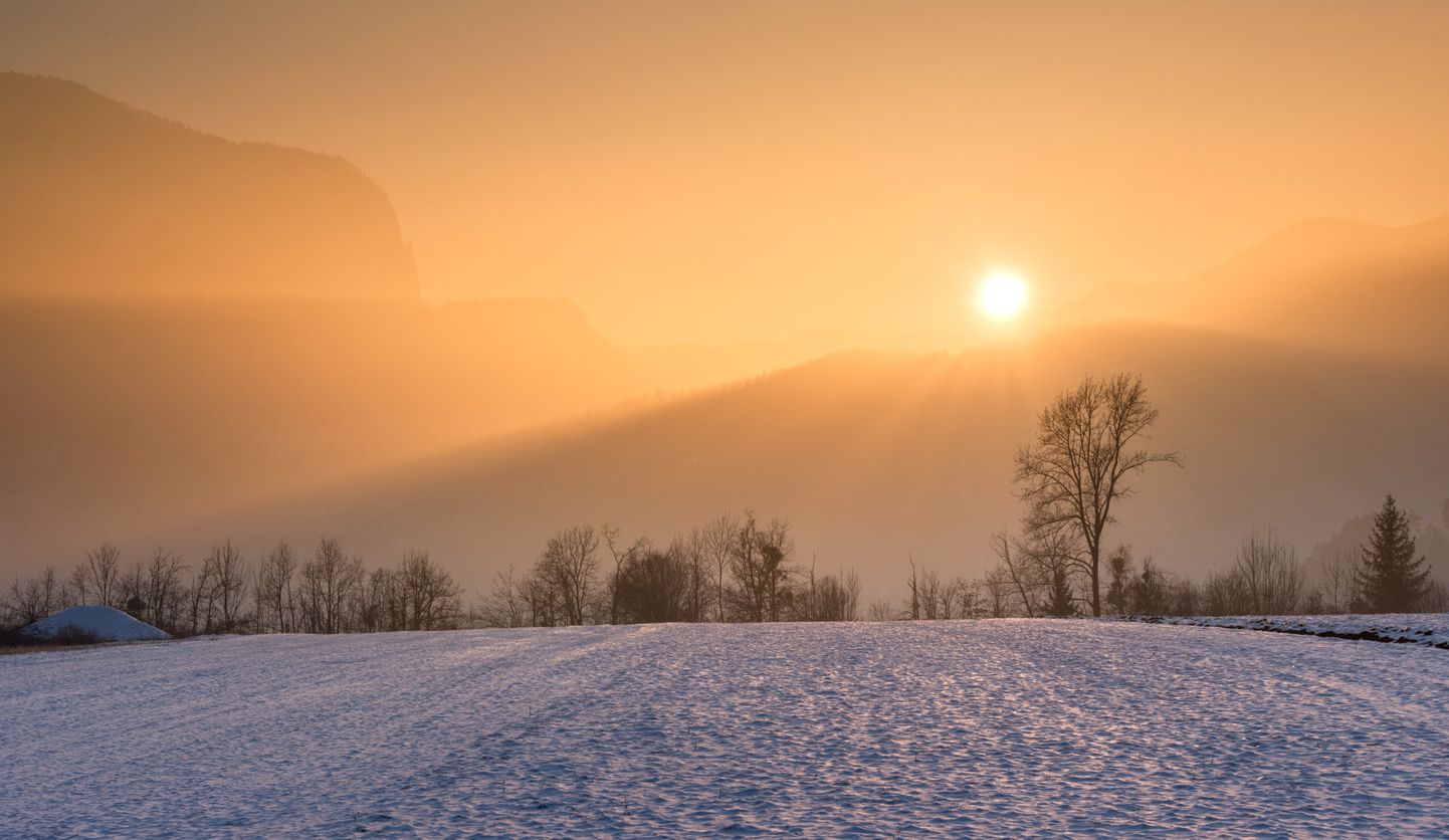 Talvine maastik päikesega. Pilt on illustreeriv
