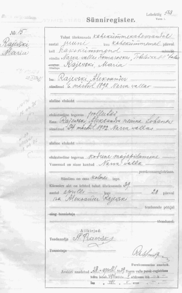 Aleksander ja Aleksandra Rajevski tütre Maria Rajevski sünniregistri kanne, kus on kinnitus, et ka Aleksander ja Aleksandra sündisid Narva vallas.
