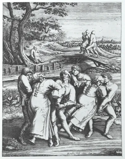 Gravüür tantsukatku all kannatavatest palveränduritest. Ungari keeles nimetatakse sellist konditsiooni vitustánc'iks.