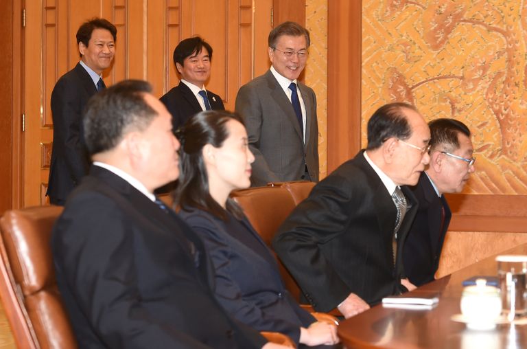 Põhja-Korea liidri õde Kim Yo-jong ja riigi tseremoniaalne juht Kim Jong-nam kohtumisel Lõuna-Korea presidendi Moon Jae-iniga. 