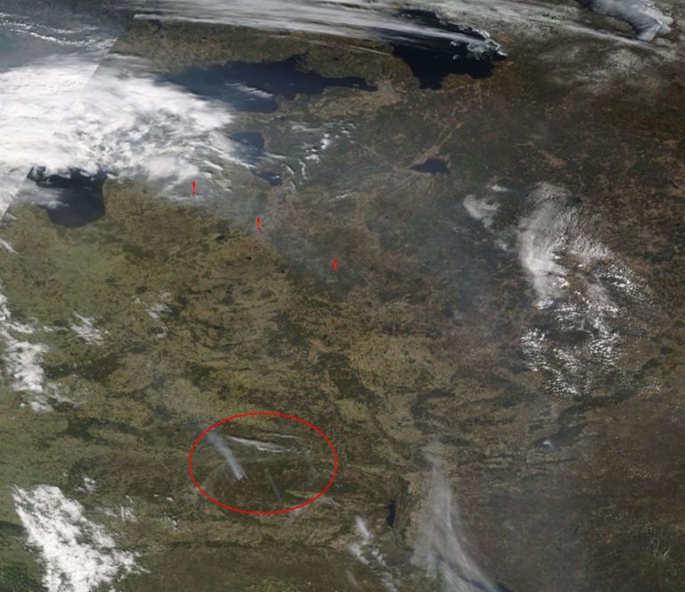Фото со спутника, которое показывает двигающуюся в сторону Эстонии легкую дымку. 