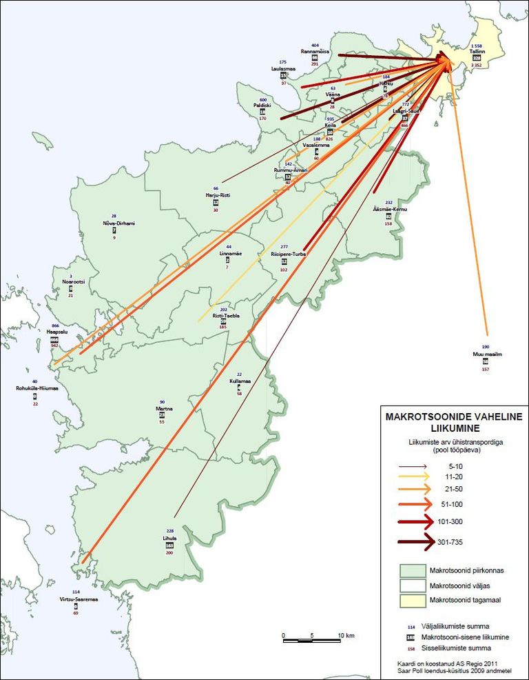 Inimeste liikumine ühistranspordiga. Kaardi on koostanud AS Regio 2011 Saar Poll loenduse ja küsitluse 2009 andmetel.