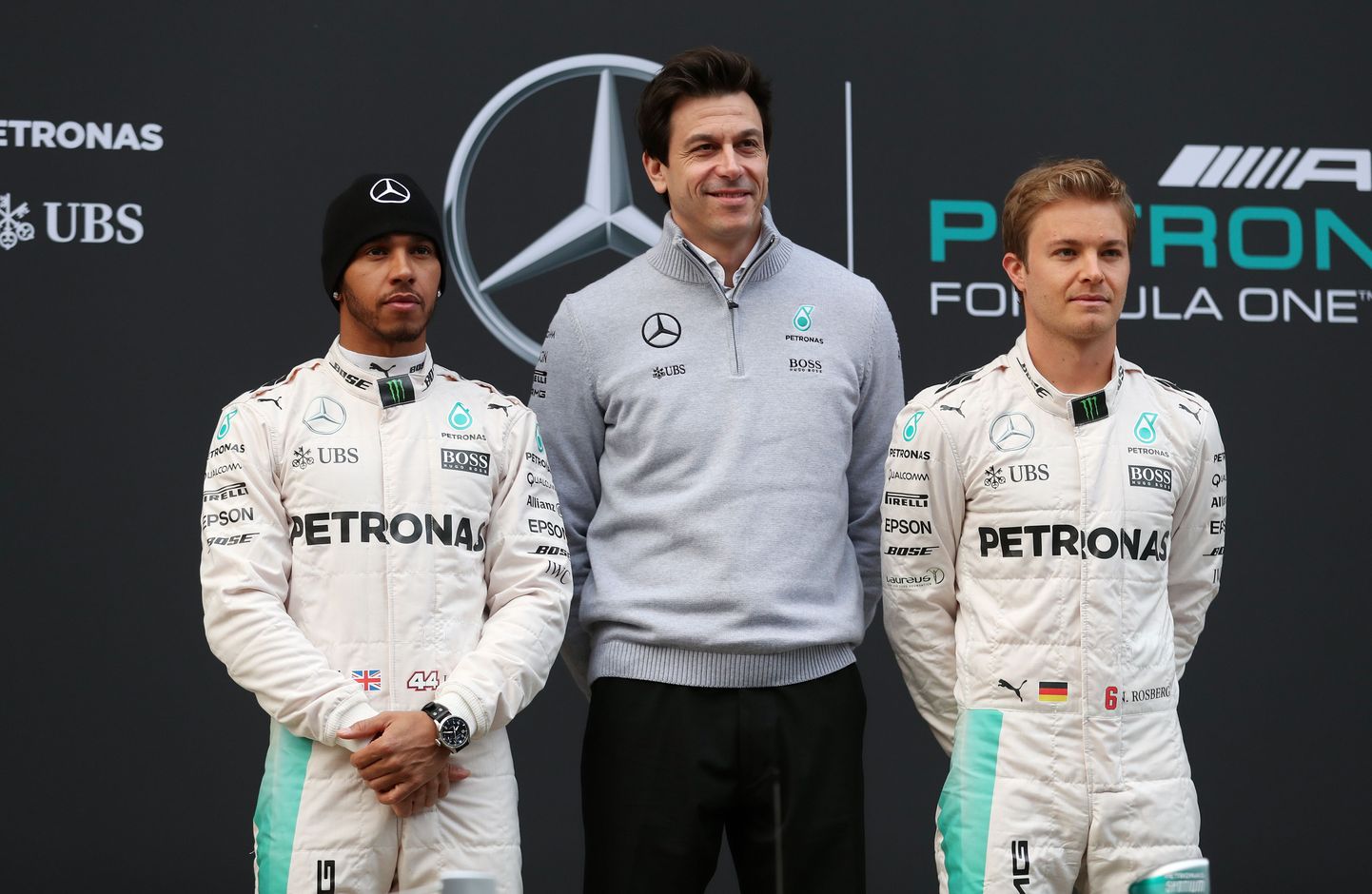 Lewis Hamilton (vasakul), Toto Wolff (keskel) ja Nico Rosberg.