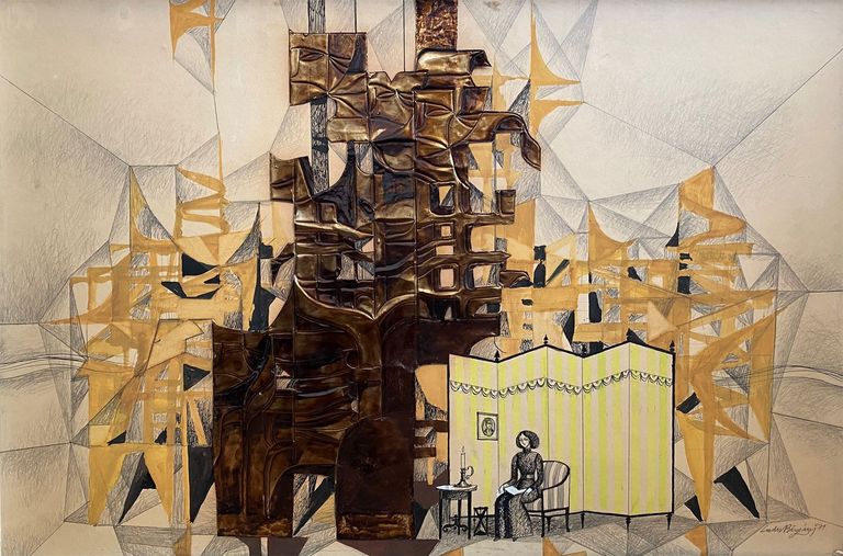 Ludvigs Bērziņš “Dekorāciju skice Reja Bredberija romānam “Marsiešu hronikas””, 1971, kartons, guaša, 58x88 cm