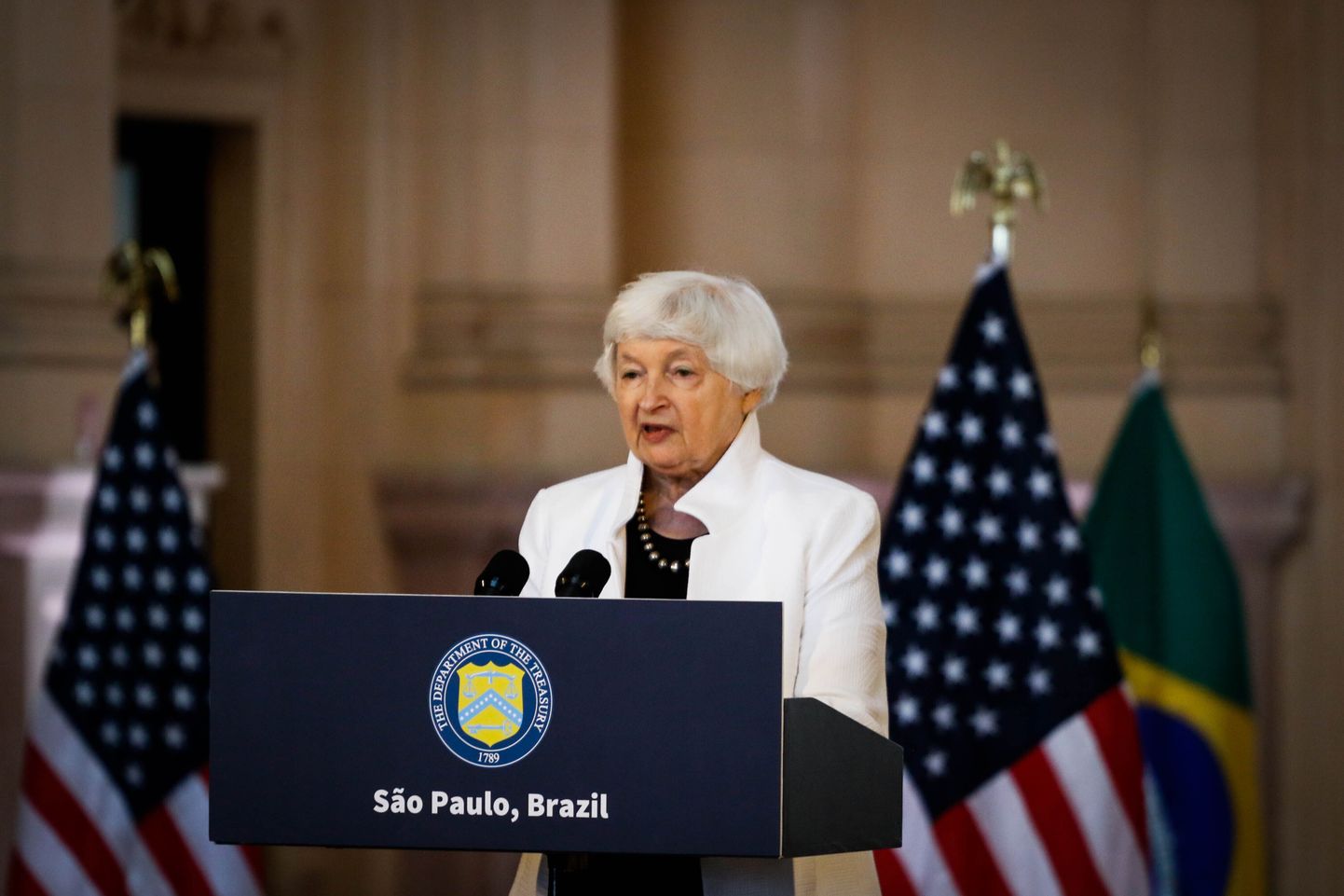 USA rahandusminister Janet Yellen Brasiilia São Paulo linnas G20 rahandusministrite kohtumisel 27. veebruaril 2024. aastal.